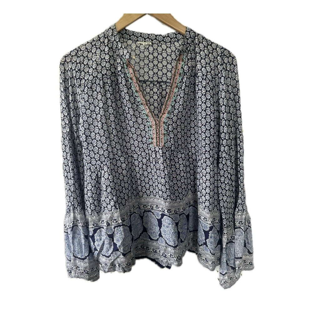 En Creme Beaded V Neck Long Bell Sleeve Bohemian Peasant Prairie Floral Blouse M